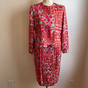 Vintage Anne Crimmins UMI Collection 100% Silk Geometric Skirt Set Suit Jacket 8